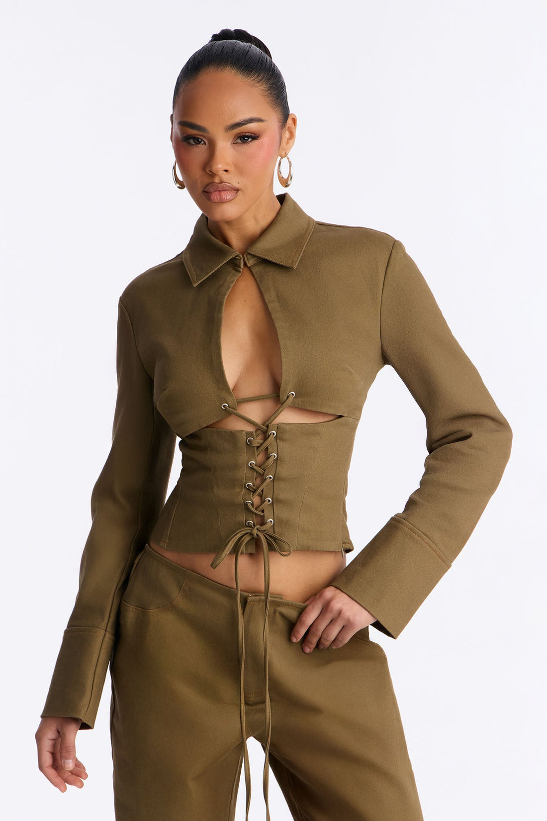 Avina Twill Lace Up Pant Set - Olive