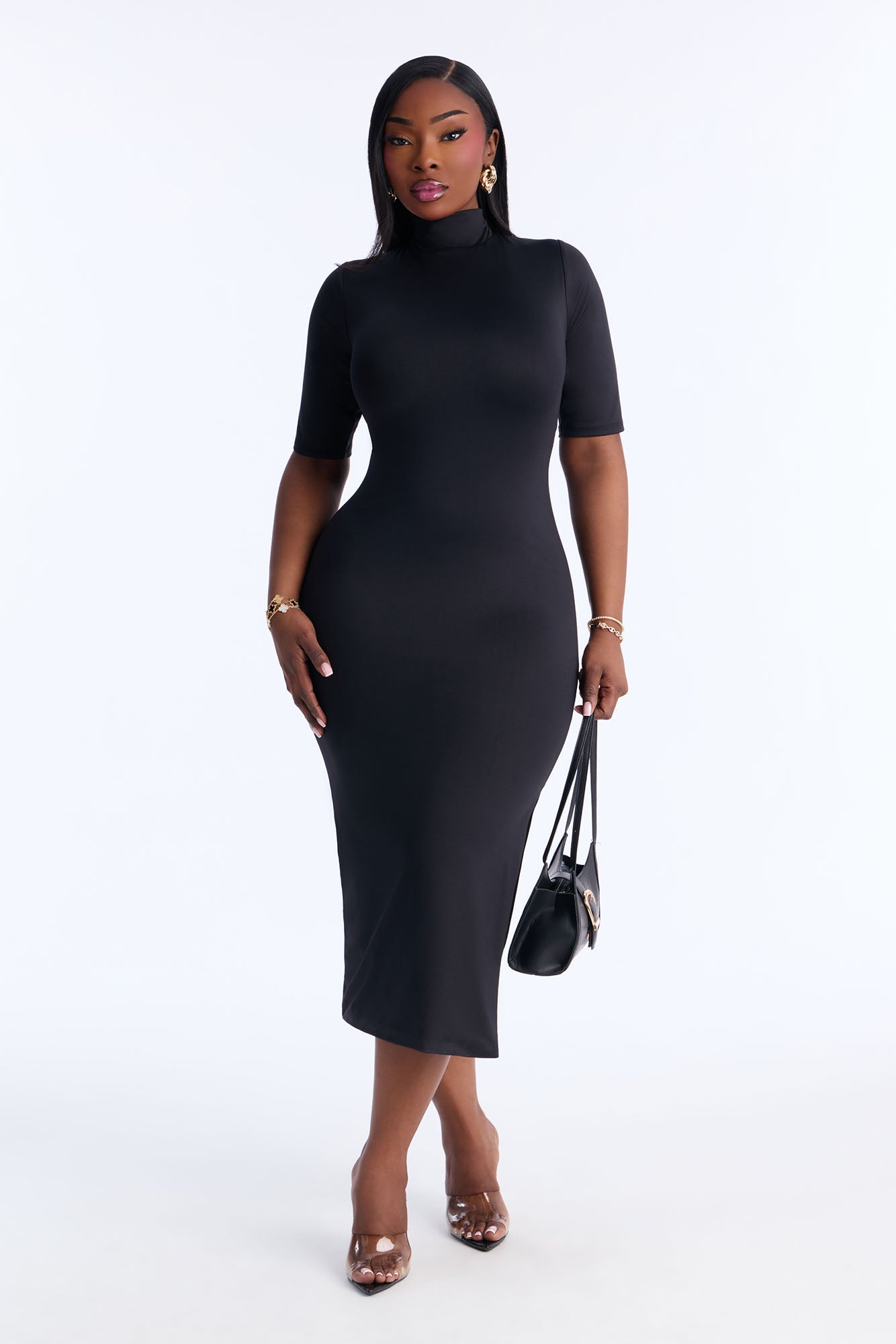 Contour Double Lined Turtle Neck Midi Dress - Black