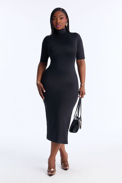 Contour Double Lined Turtle Neck Midi Dress - Black