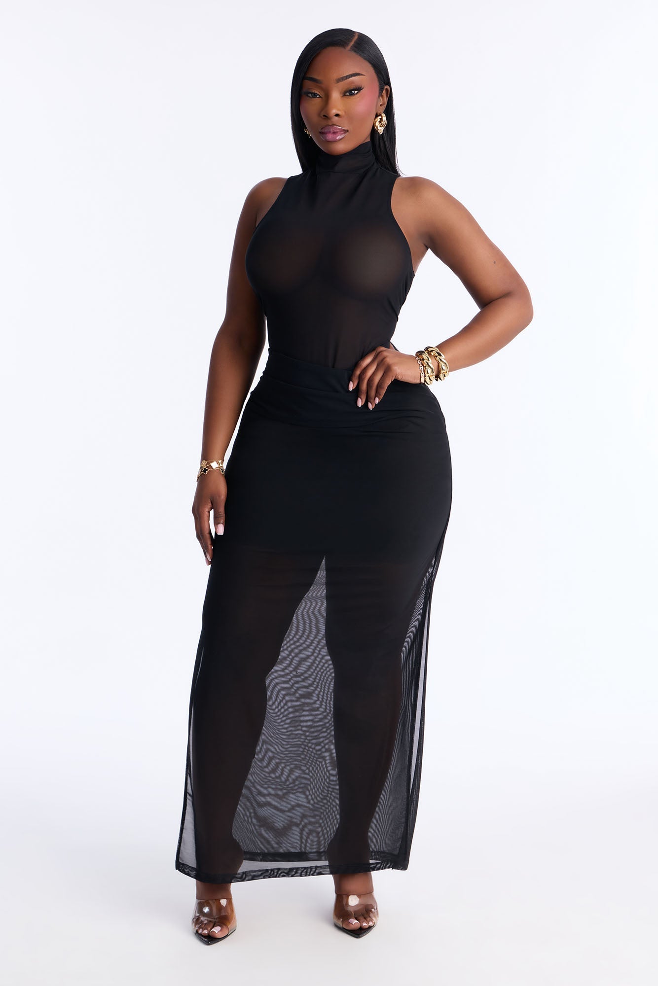 Power Mesh Ruched Maxi Skirt - Black