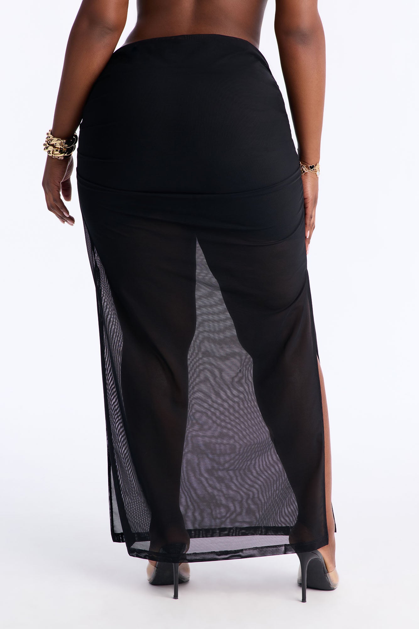 Power Mesh Ruched Maxi Skirt - Black