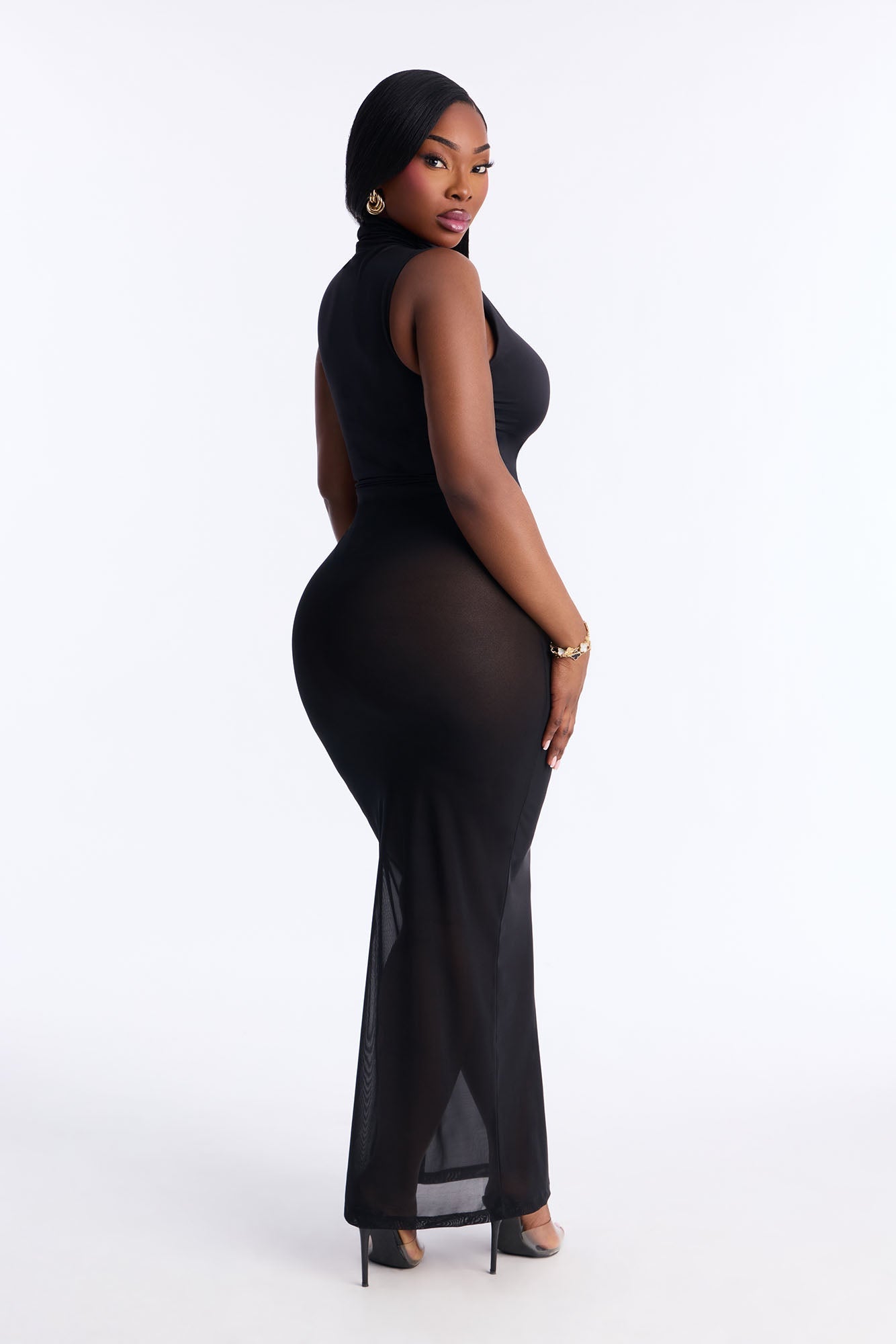 Contour Bodysuit And Power Mesh Maxi Skirt Set - Black