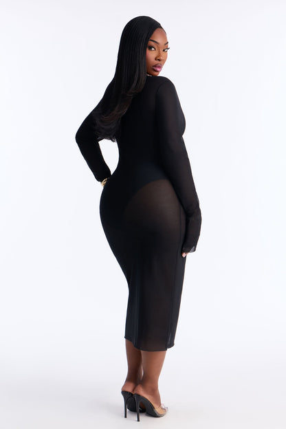 Power Mesh Long Sleeve Midi Dress - Black