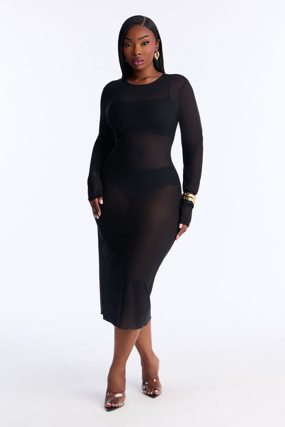 Power Mesh Long Sleeve Midi Dress - Black