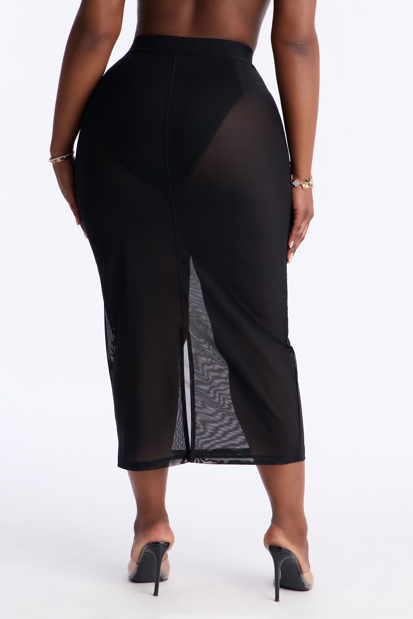 Power Mesh Midi Pencil Skirt - Black