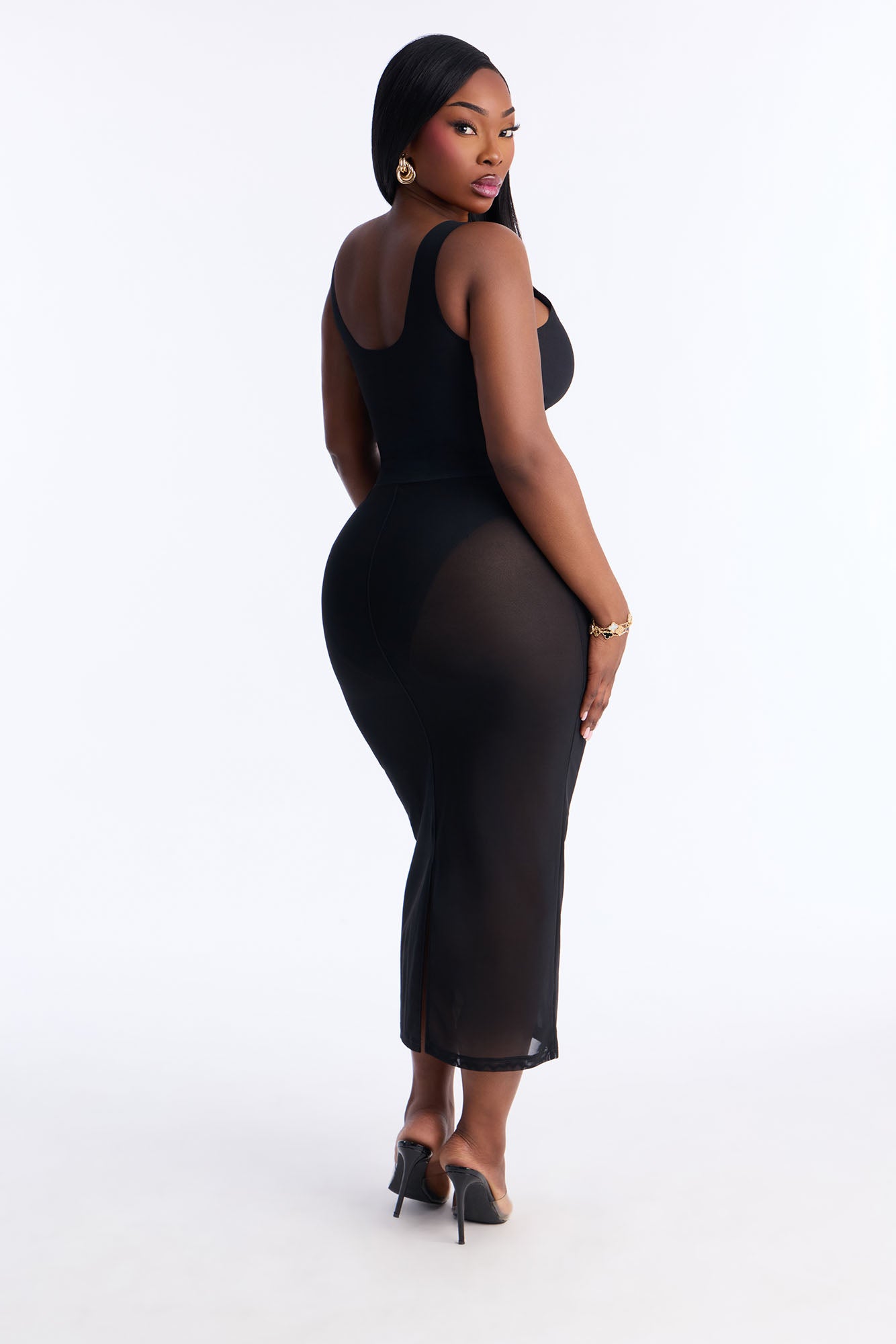 Power Mesh Midi Pencil Skirt - Black