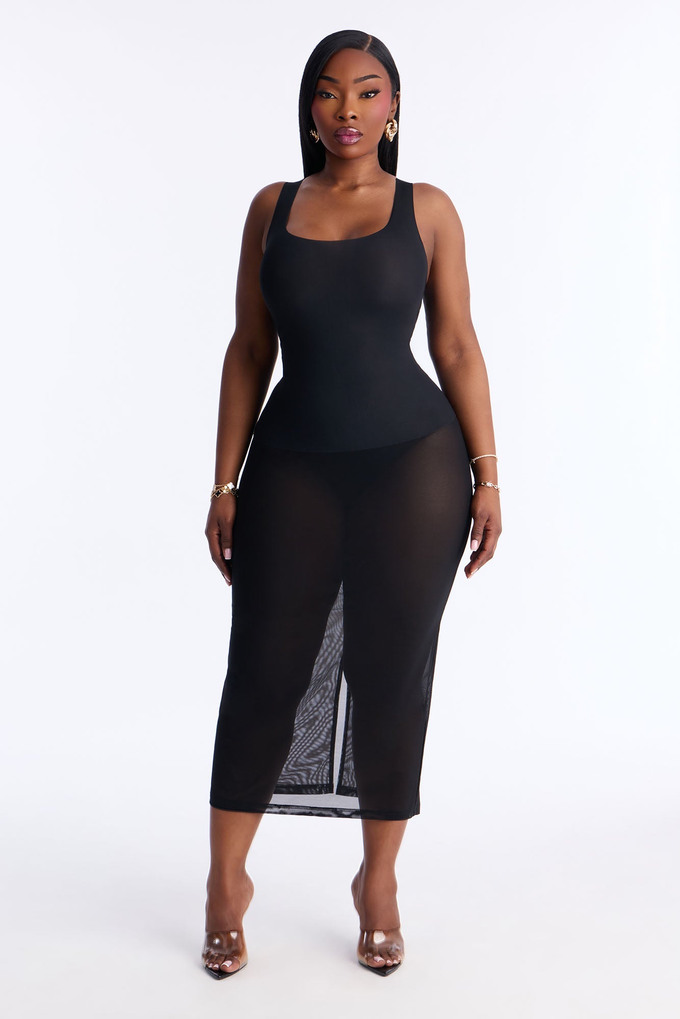 Power Mesh Midi Pencil Skirt - Black