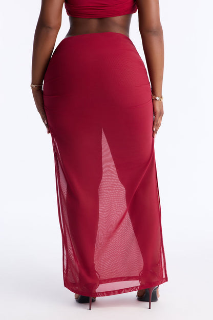 Power Mesh Ruched Maxi Skirt - DarkRed