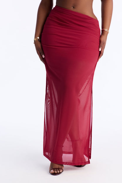 Power Mesh Ruched Maxi Skirt - DarkRed