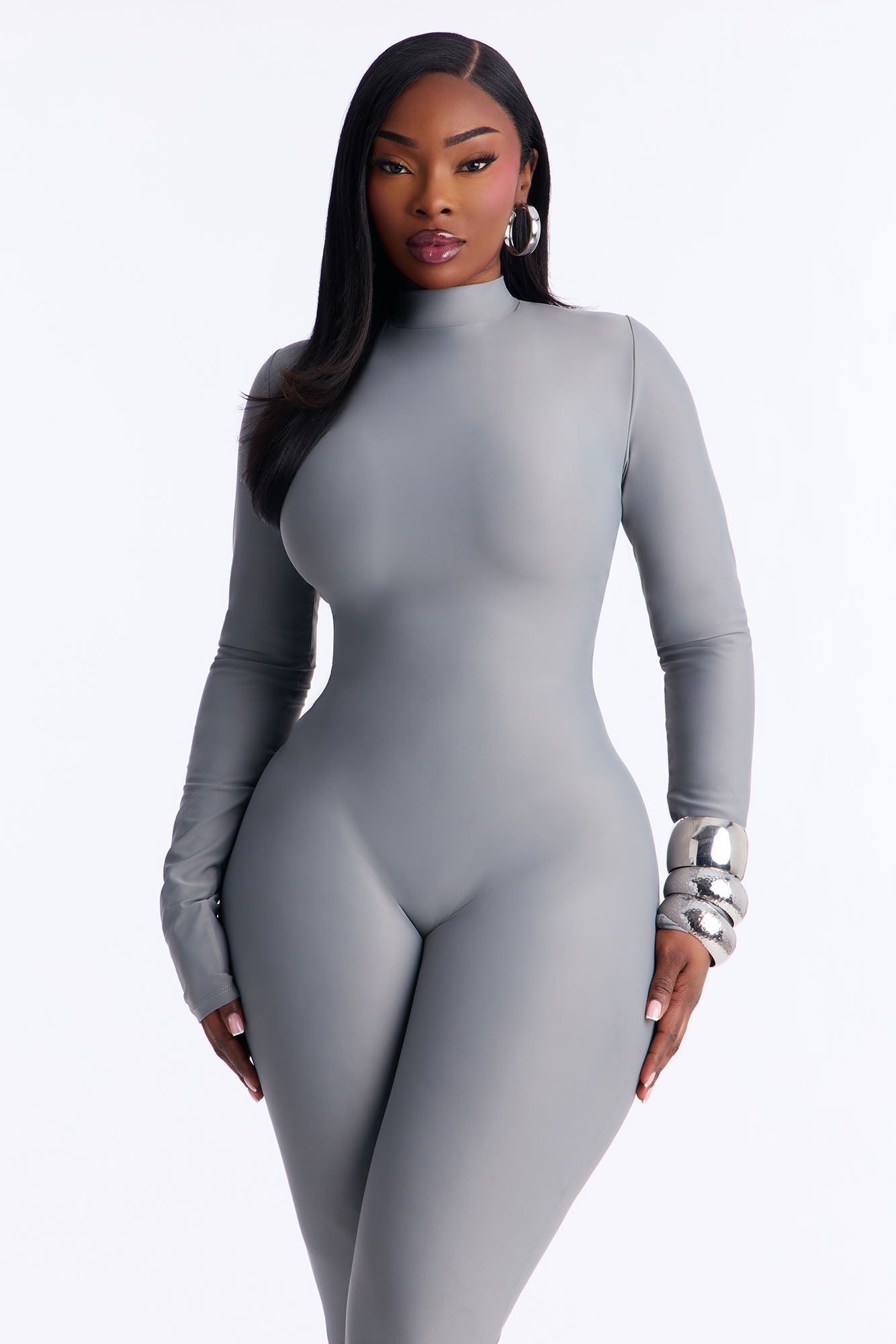 Francesca Mock Neck Footed Catsuit - Grey
