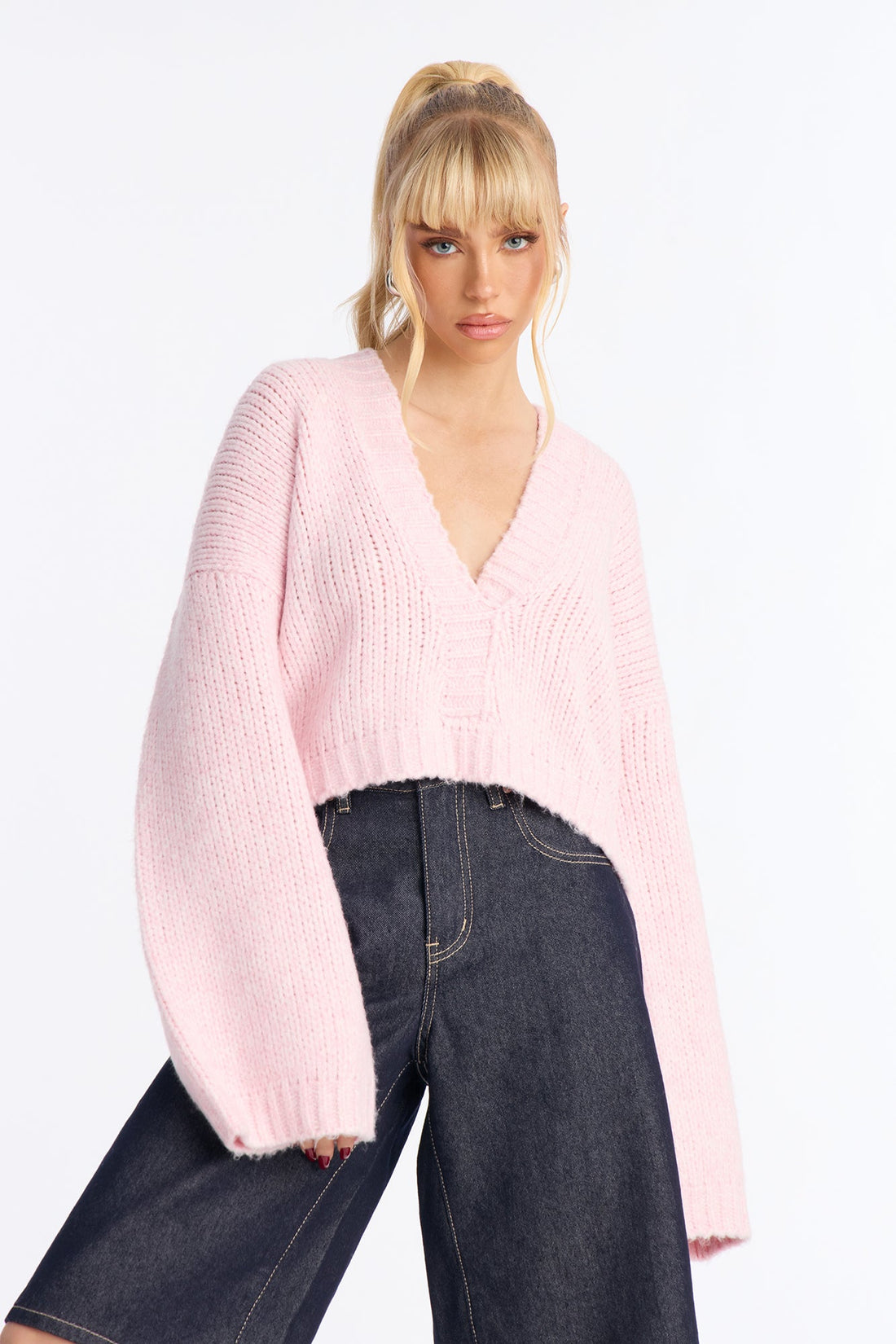 Warm Embrace Oversized V Neck Sweater - Light Pink