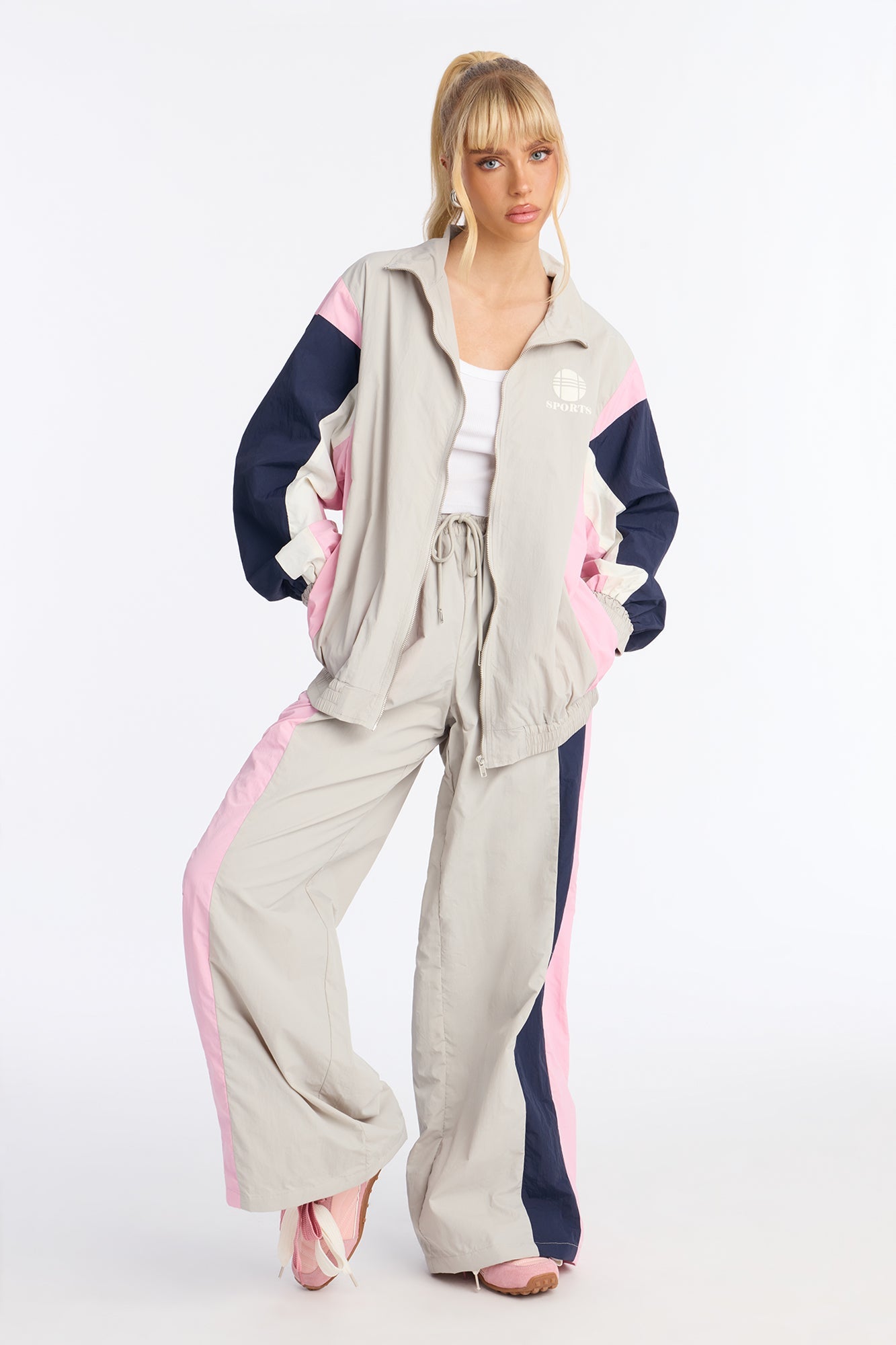 Caroline Nylon Zip Up Wide Leg Pant Set - Grey/combo