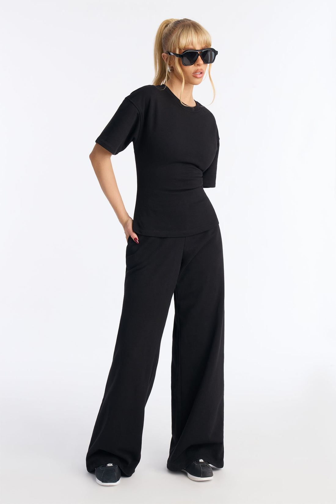 Stephanie Fitted Tee Wide Leg Pant Set - Black