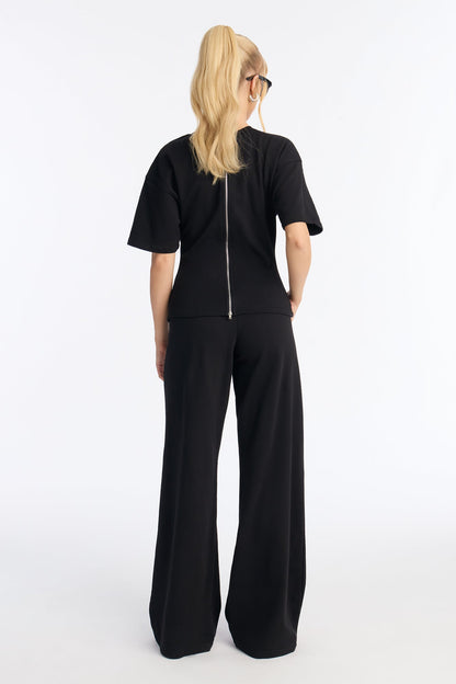 Stephanie Fitted Tee Wide Leg Pant Set - Black