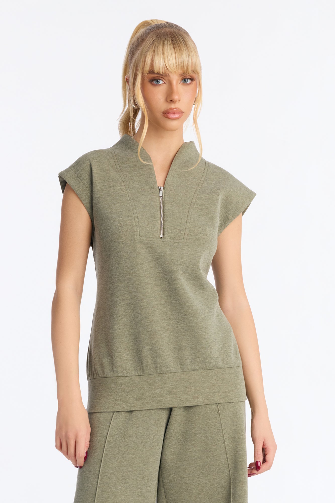 Shea Quarter Zip Sleeveless Pant Set - Olive