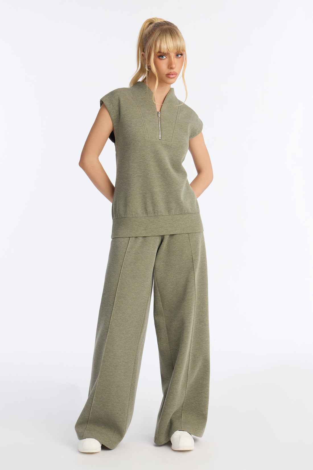 Shea Quarter Zip Sleeveless Pant Set - Olive