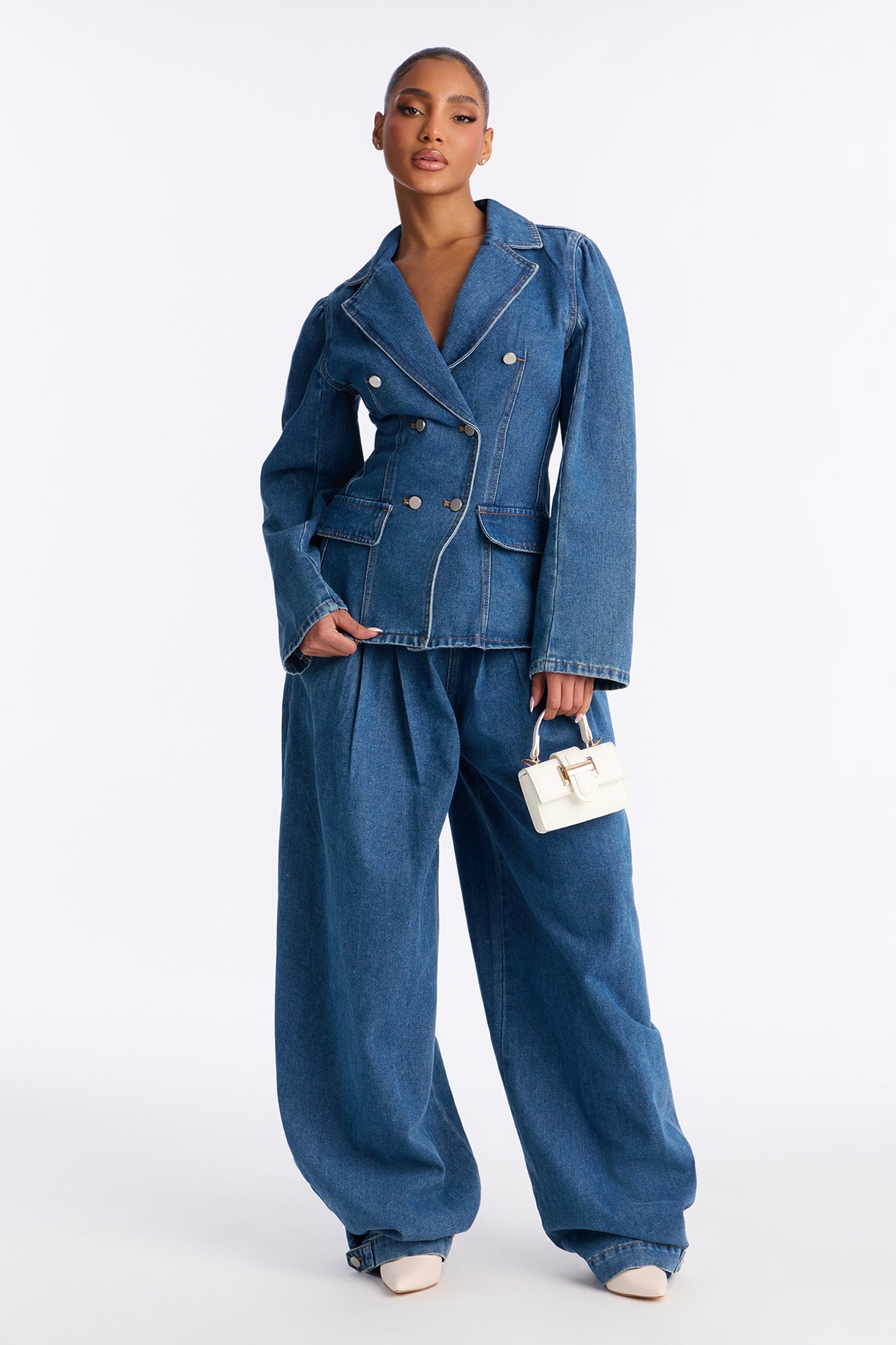 Clara Washed Denim Blazer Pant Set - Medium Wash