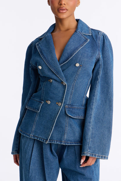 Clara Washed Denim Blazer Pant Set - Medium Wash