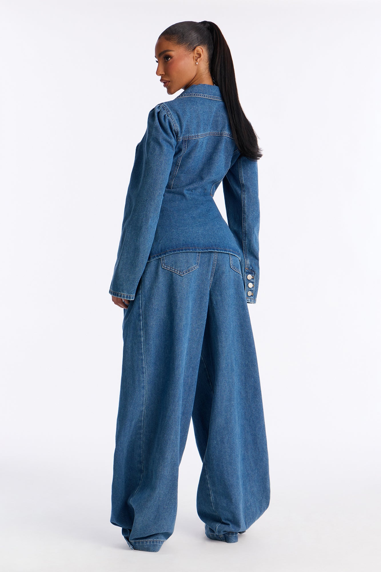 Clara Washed Denim Blazer Pant Set - Medium Wash