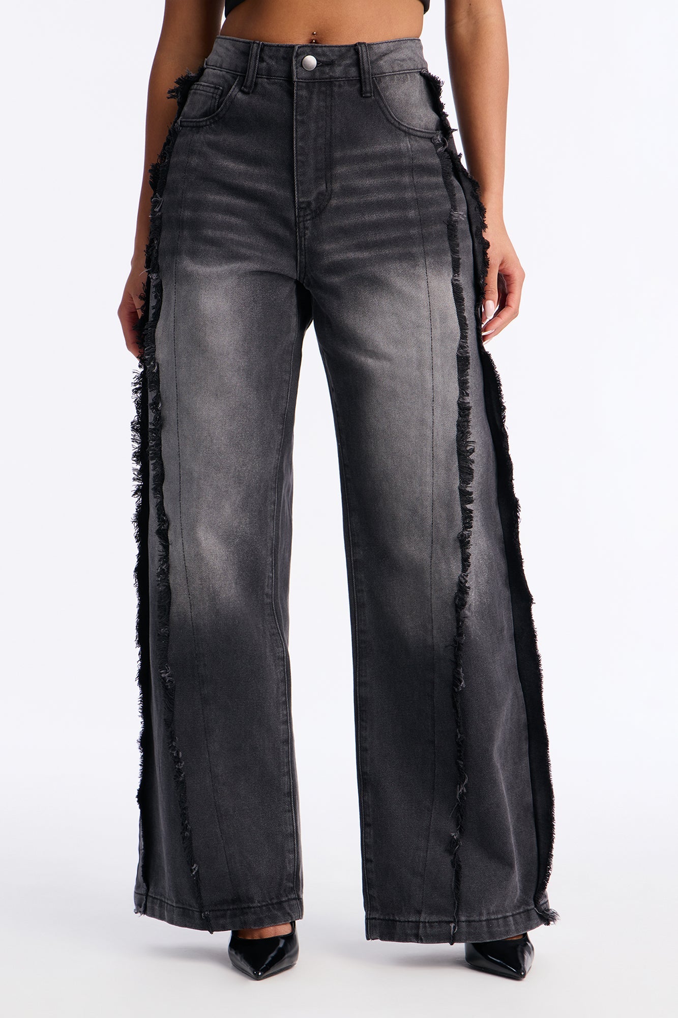 Stick Together Fray Seaming Wide Leg Jeans - Black Wash