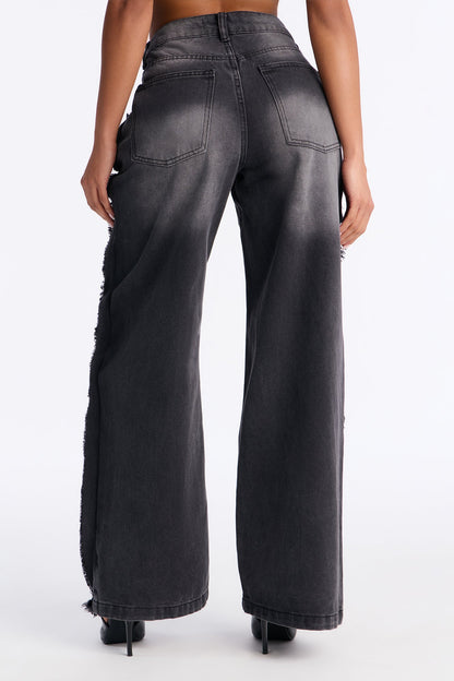 Stick Together Fray Seaming Wide Leg Jeans - Black Wash