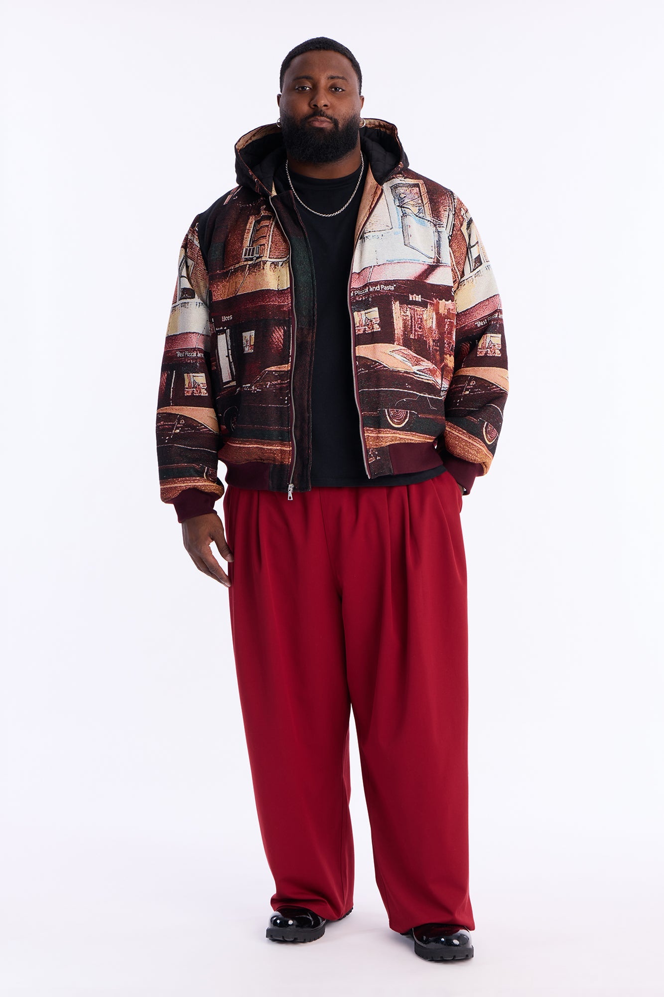 Oversized Through The Night Tapestry Hooded Bomber Jacket - Burgundy