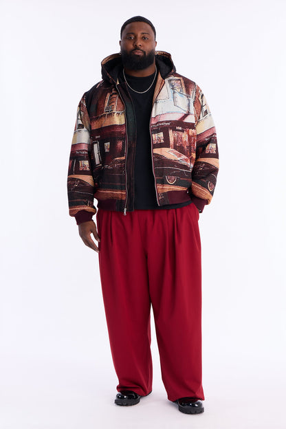 Oversized Through The Night Tapestry Hooded Bomber Jacket - Burgundy