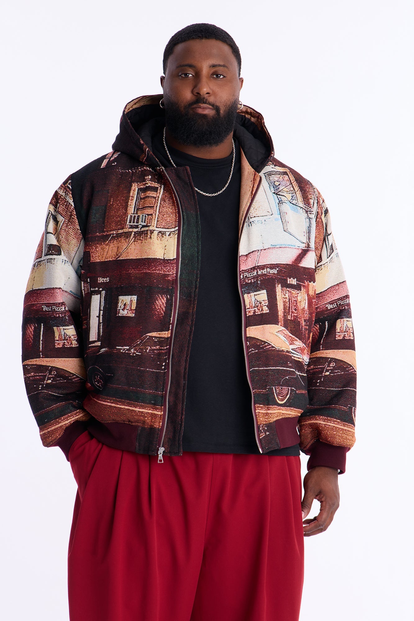 Oversized Through The Night Tapestry Hooded Bomber Jacket - Burgundy