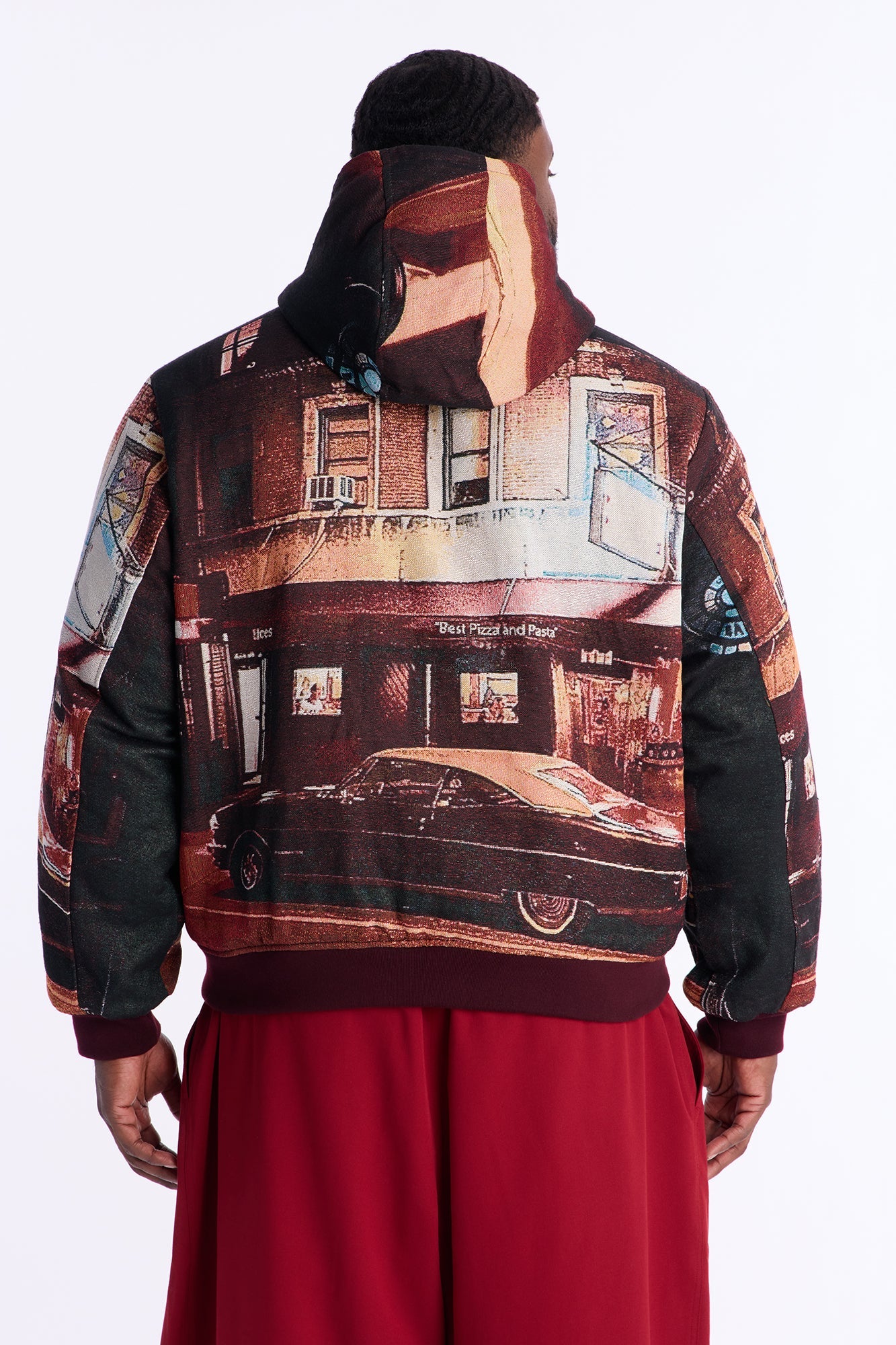 Oversized Through The Night Tapestry Hooded Bomber Jacket - Burgundy