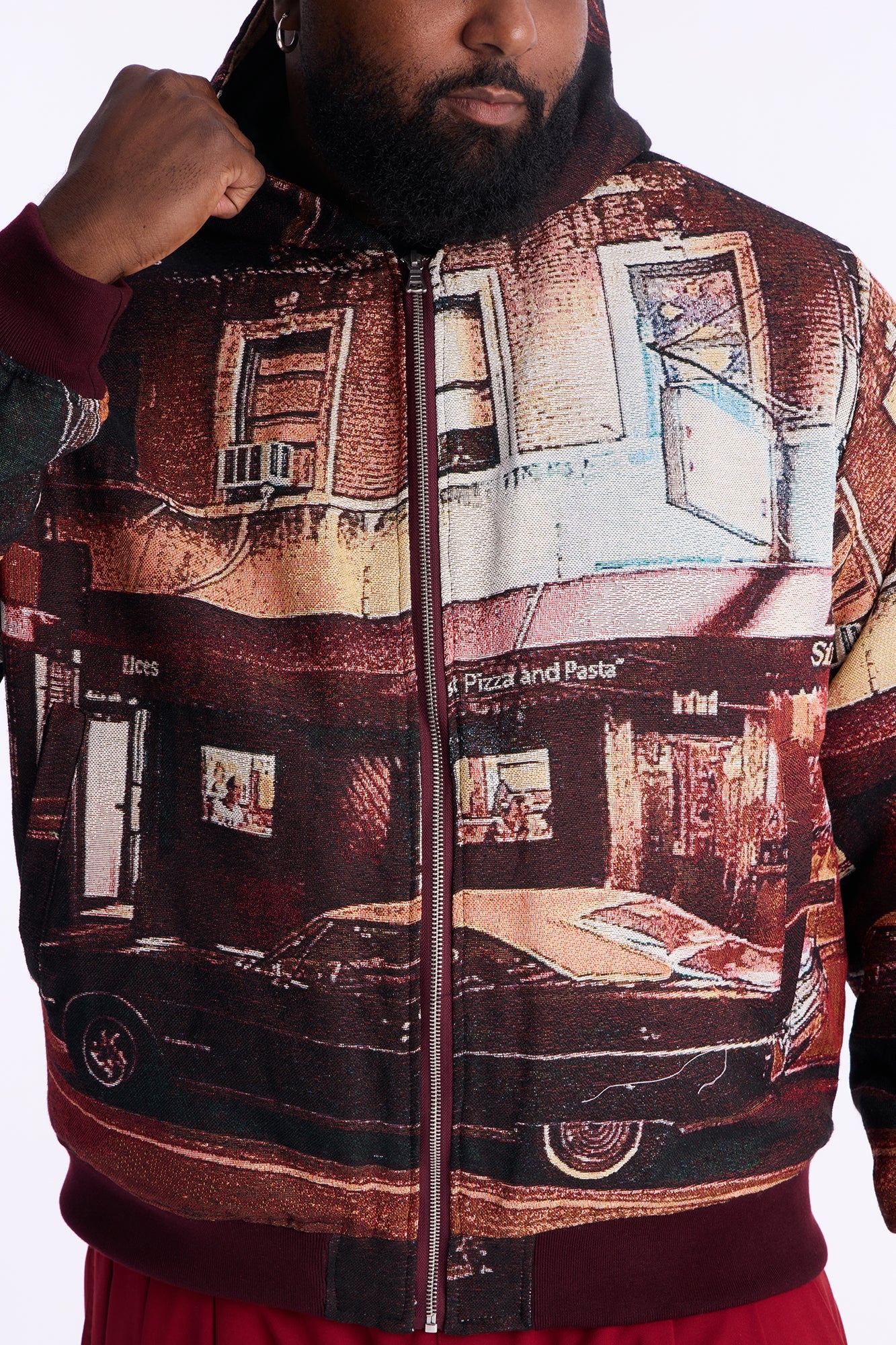 Oversized Through The Night Tapestry Hooded Bomber Jacket - Burgundy