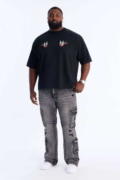 Stacked Skinny Flare Combat Cargo Jean - Black Wash