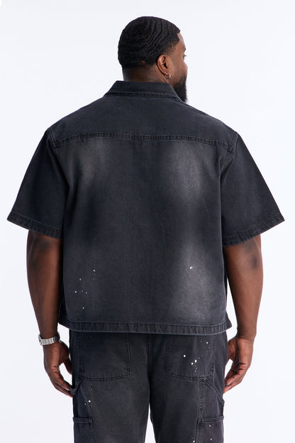 Cropped Splatter Paint Distressed Carpenter Work Shirt - Black Wash