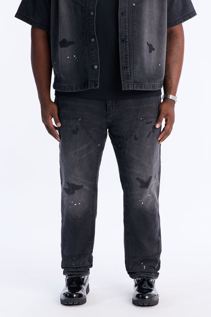 Straight Splatter Paint Distressed Carpenter Work Pant - Black Wash