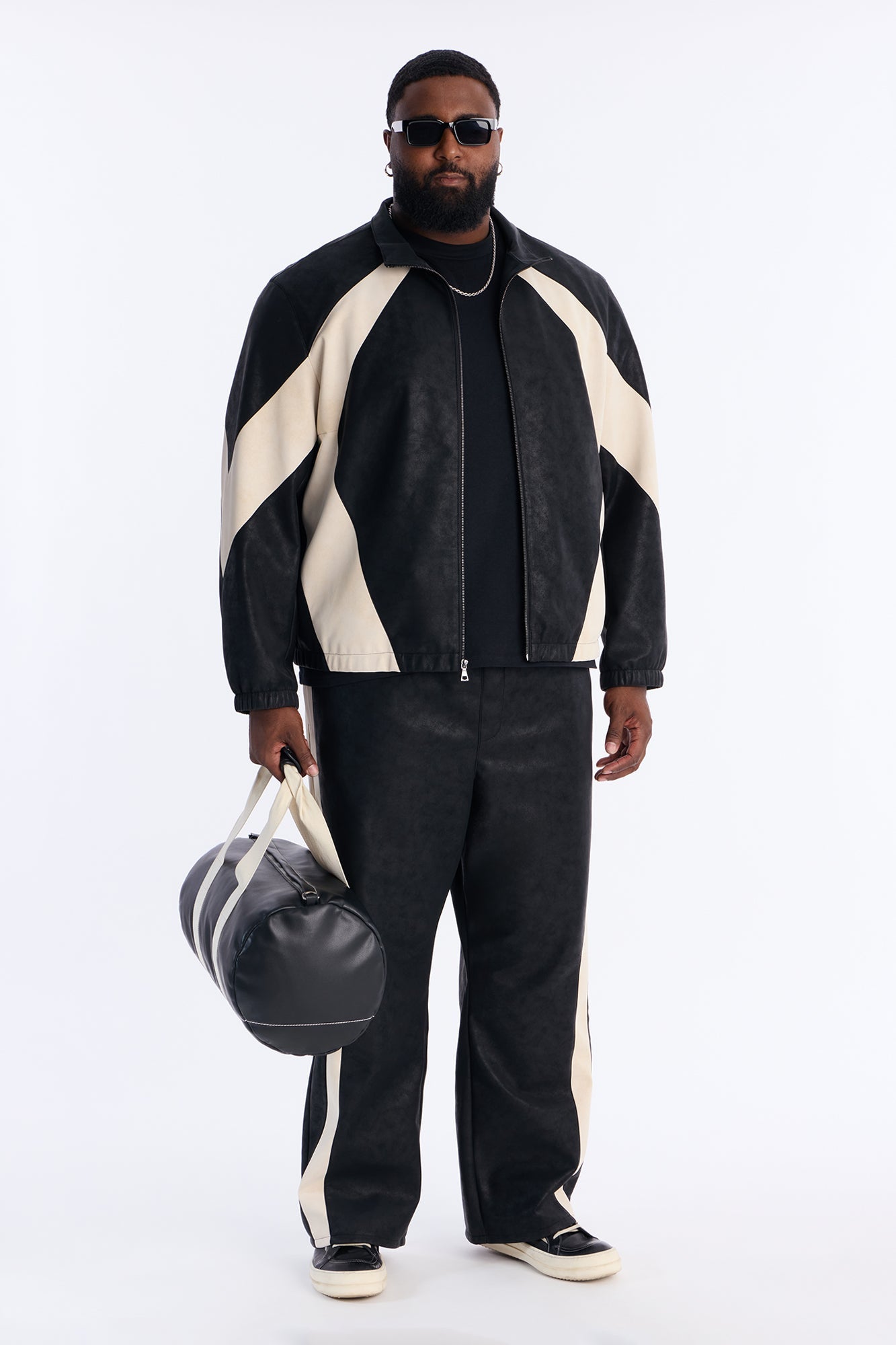 Faux Leather Maze Paneled Track Jacket - Black