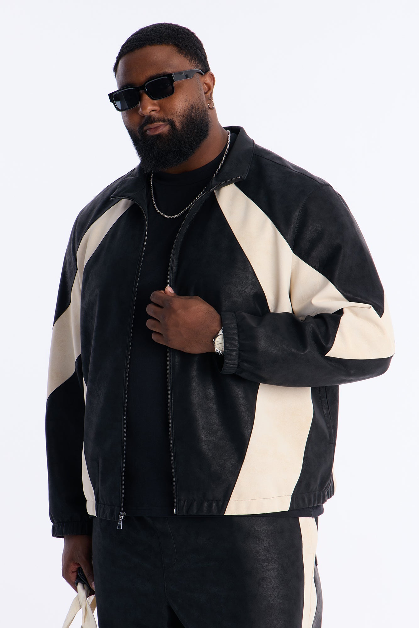 Faux Leather Maze Paneled Track Jacket - Black