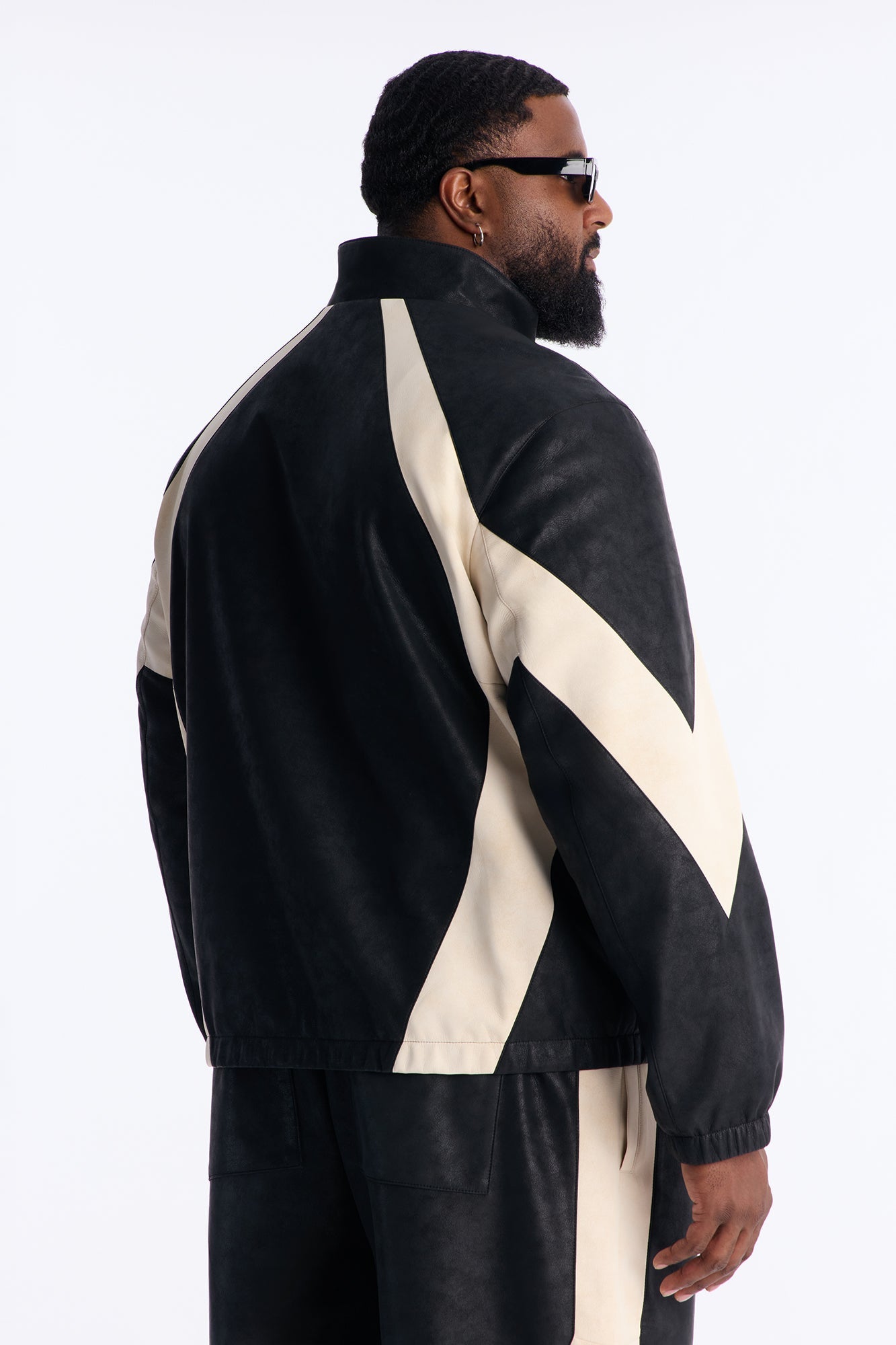 Faux Leather Maze Paneled Track Jacket - Black