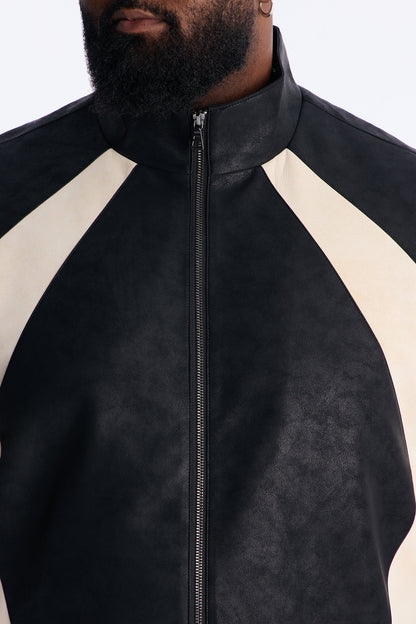 Faux Leather Maze Paneled Track Jacket - Black