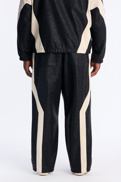 Baggy Faux Leather Maze Paneled Track Pant - Black