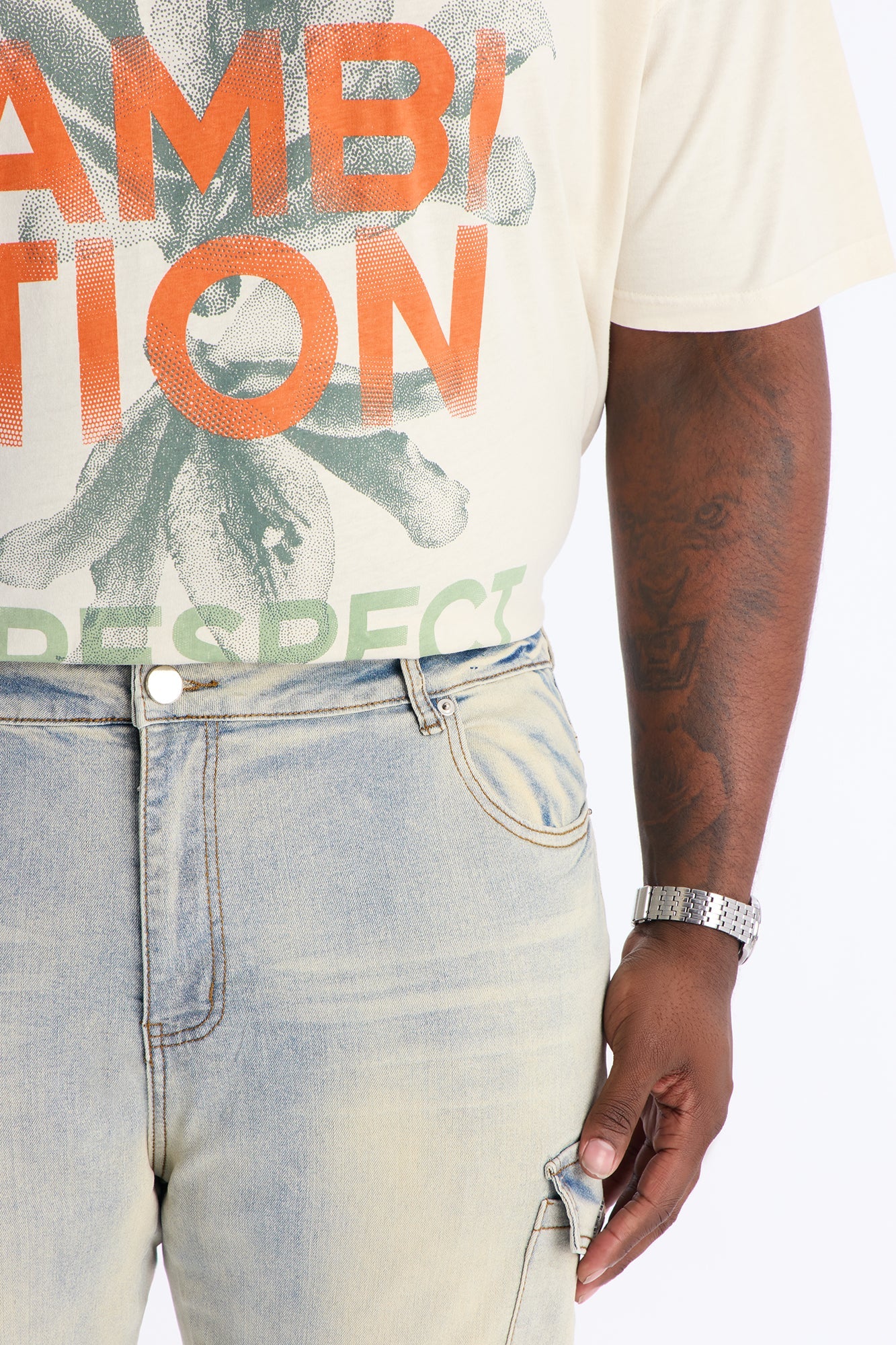 Stacked Skinny Flare Lockdown Button Cargo Jean - Light Wash