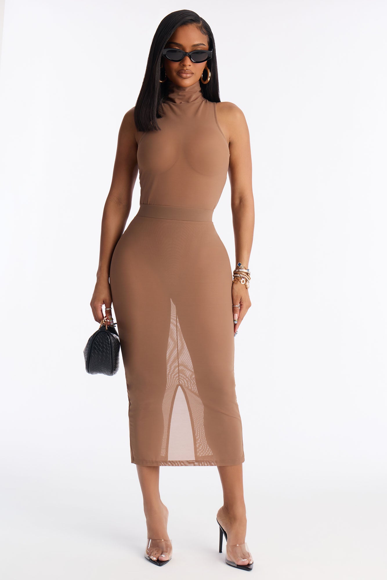 Power Mesh Midi Pencil Skirt - Mocha