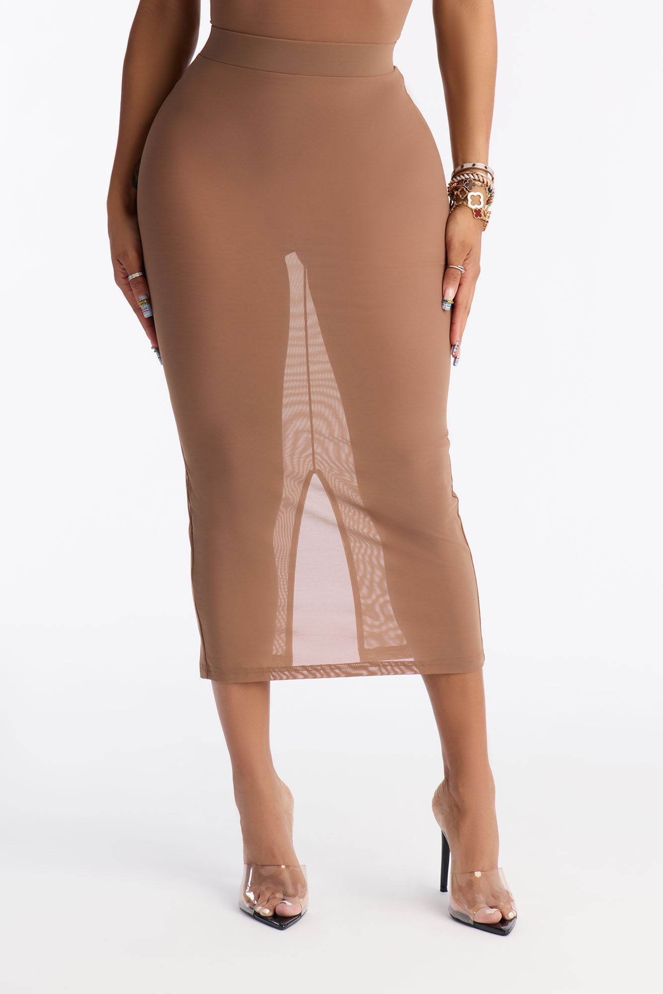 Power Mesh Midi Pencil Skirt - Mocha