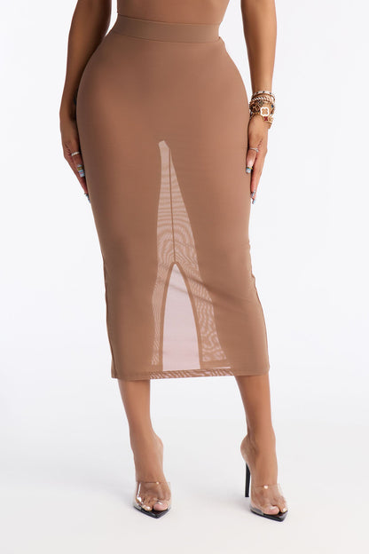 Power Mesh Midi Pencil Skirt - Mocha