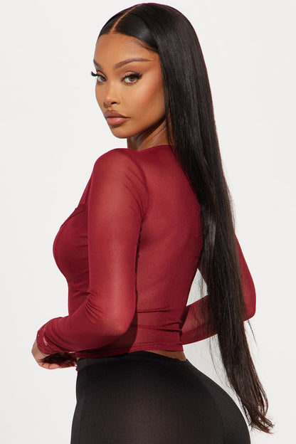 Heather Mesh Long Sleeve Top - Burgundy