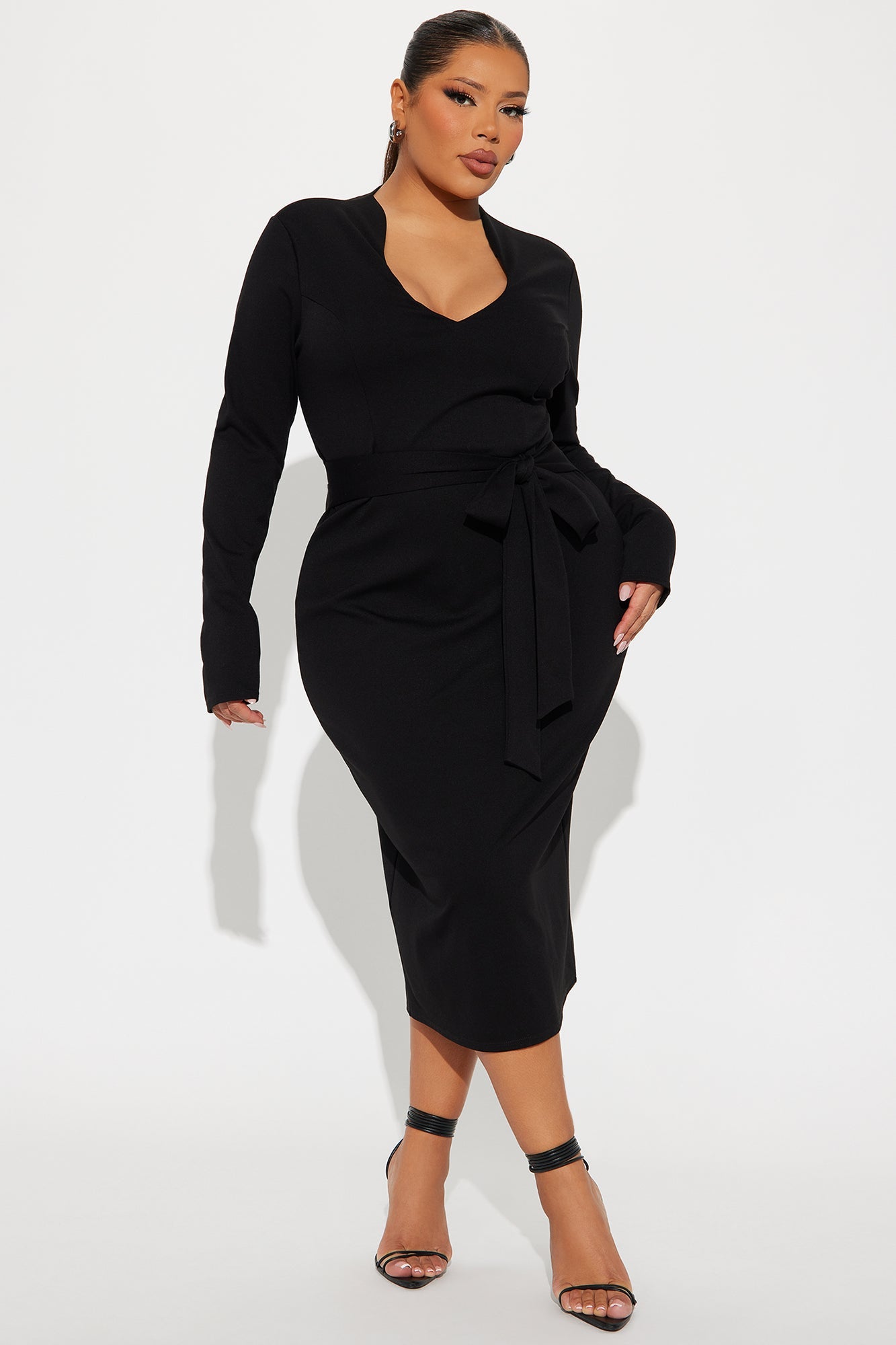 Flourish And Finesse Belted Midi Dress - Black
