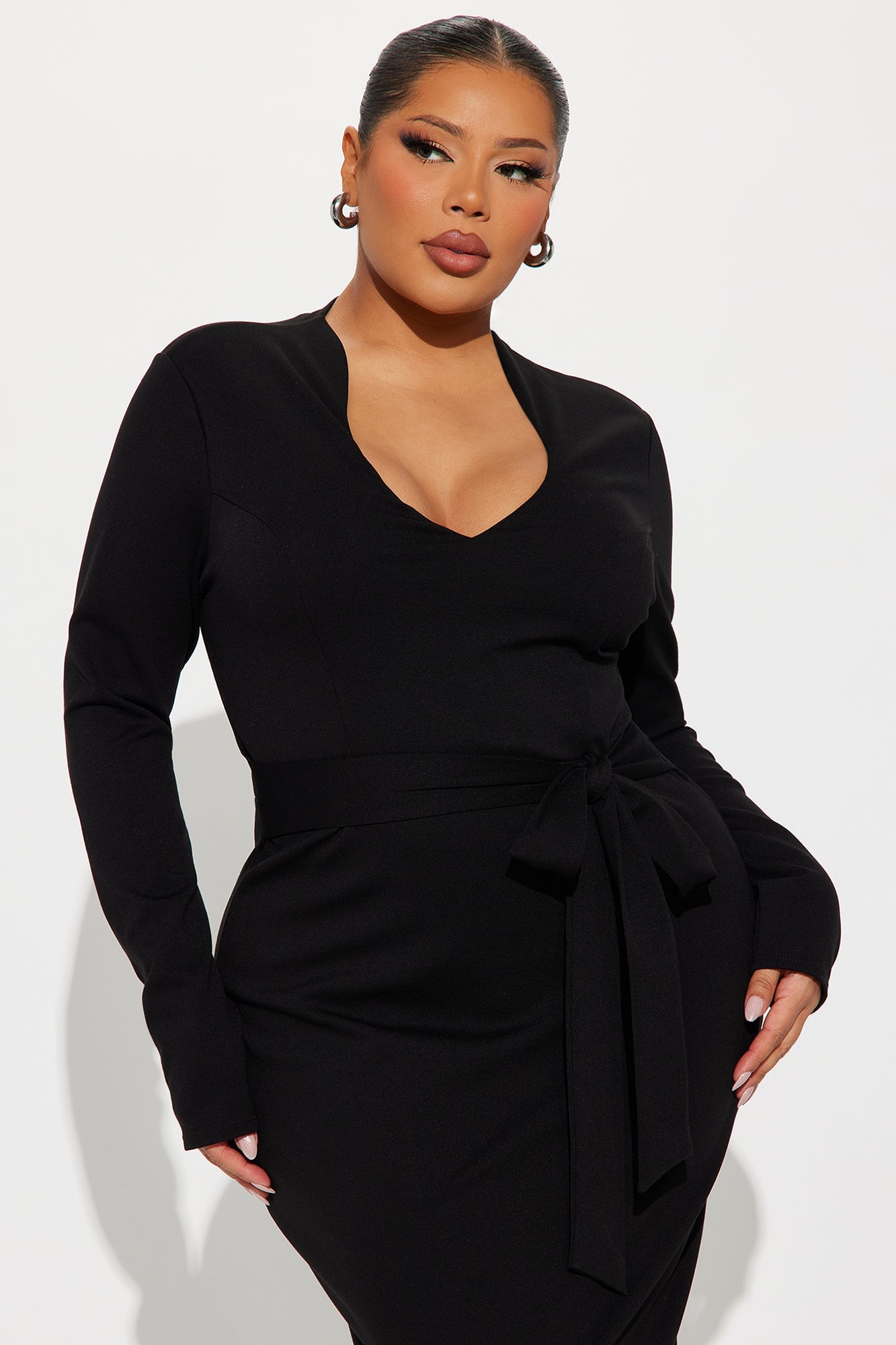 Flourish And Finesse Belted Midi Dress - Black