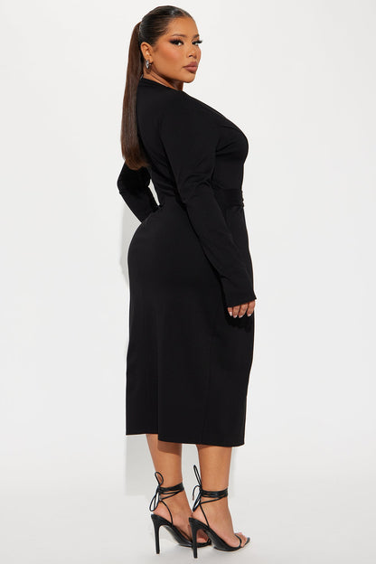 Flourish And Finesse Belted Midi Dress - Black