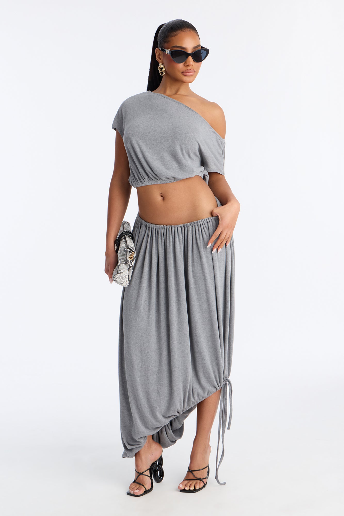 No Side Effects Off Shoulder Asymmetrical Maxi Skirt Set - Grey