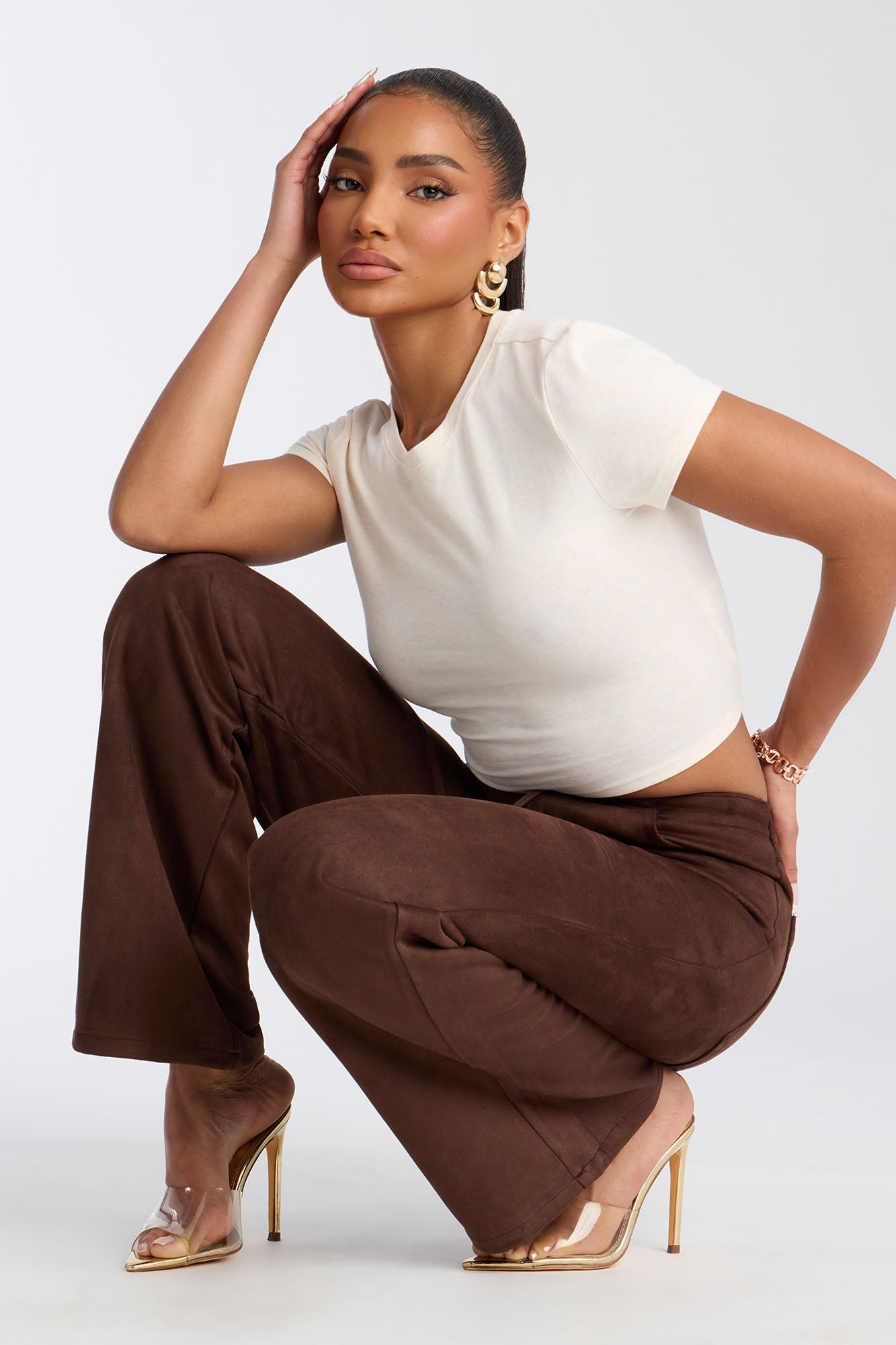 Tove Faux Suede Low Rise Wide Leg Pant 31″ - Chocolate