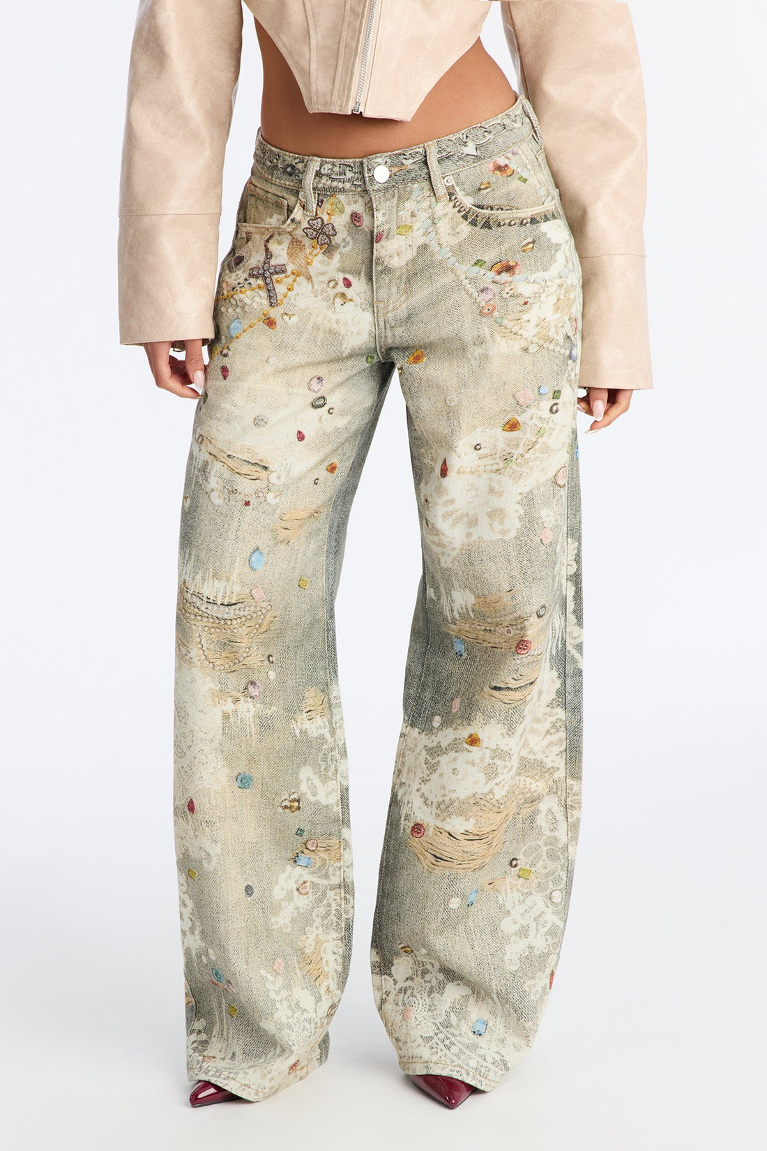 Fancy Pearls Printed Jeans - Multi Color
