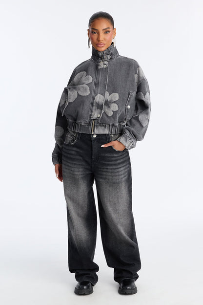 Born To Bloom High Neck Denim Jacket - Grey/Smoke